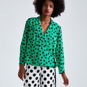 Zara | Tops | Zara Green And Black Polka Dot Wrap Blouse | Poshmark